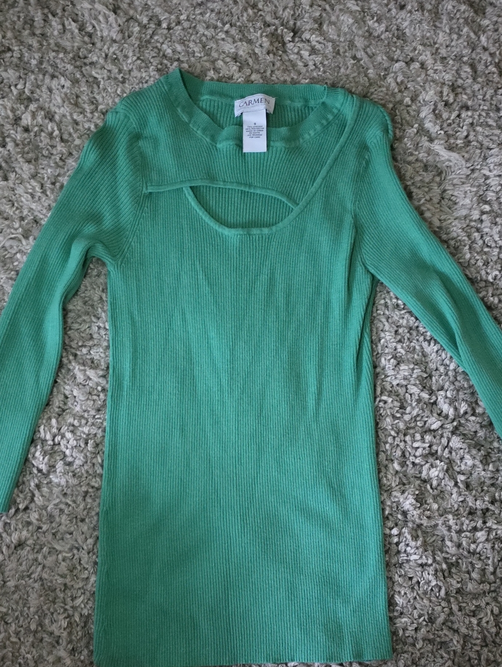 Carmen Marc Valvo Green Ribbed Cutout Crewneck Sweater